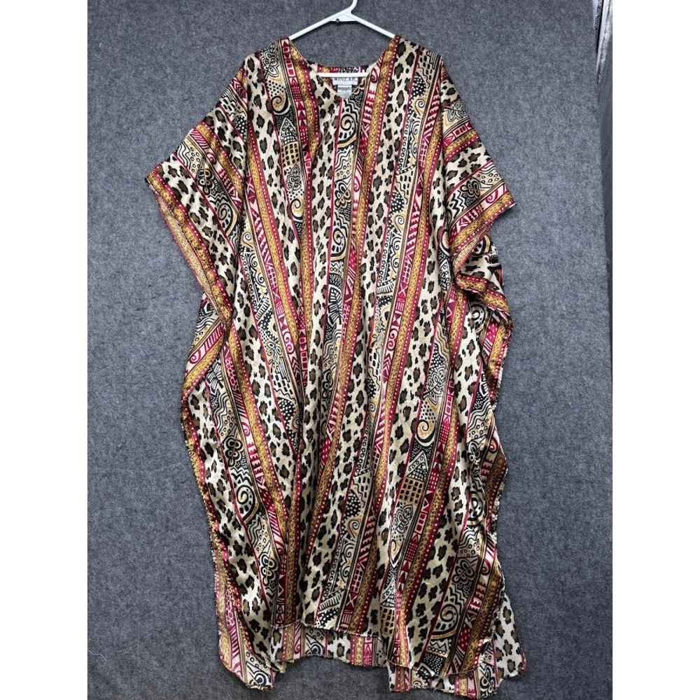 Winlar Kaftan Lounger Womens One Size Leopard Tribal Print V-Neck Maxi Robe Gold